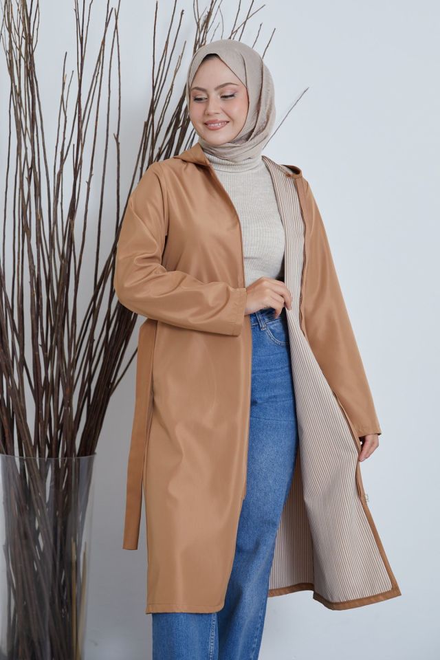 Kapşonlu Kuşaklı Trenç-Camel