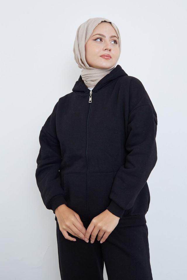 Ön Fermuarlı Kapşonlu Sweatshirt Hırka-Siyah