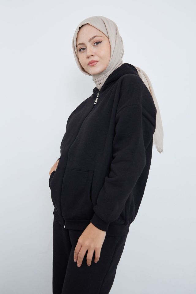 Ön Fermuarlı Kapşonlu Sweatshirt Hırka-Siyah