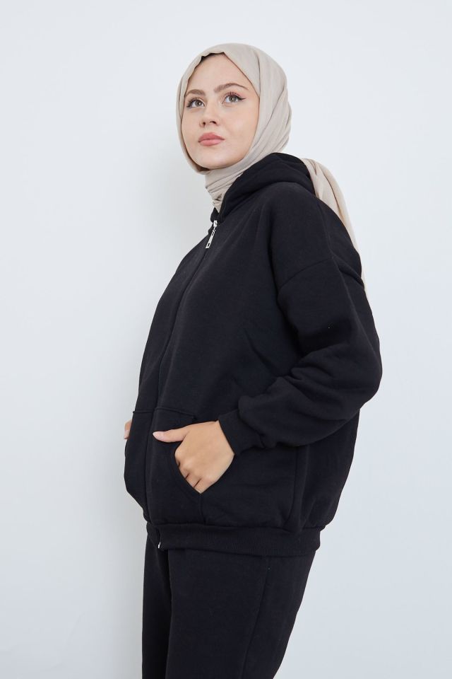 Ön Fermuarlı Kapşonlu Sweatshirt Hırka-Siyah