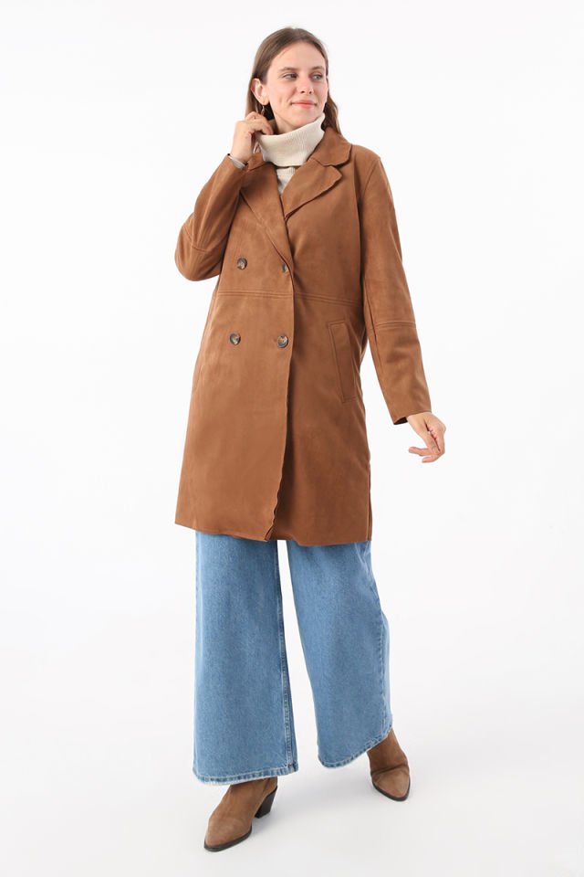 Sütlü Kahve-Süet Kruvaze Blazer Ceket -