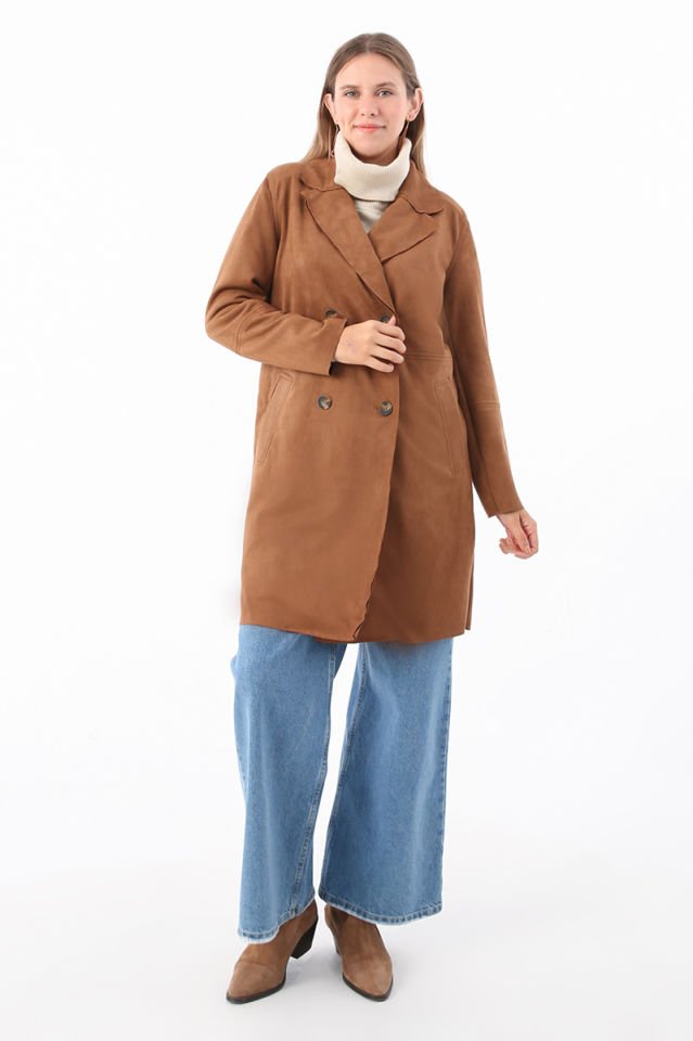 Sütlü Kahve-Süet Kruvaze Blazer Ceket -
