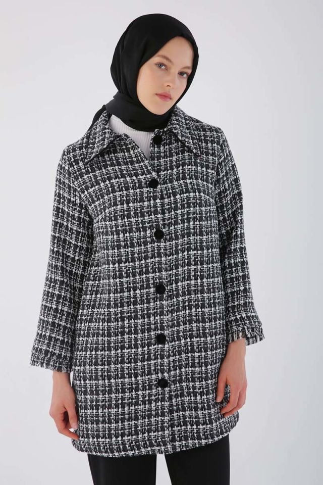 Siyah-Kadife Düğmeli Gömlek Yaka Tüvit Ceket -
