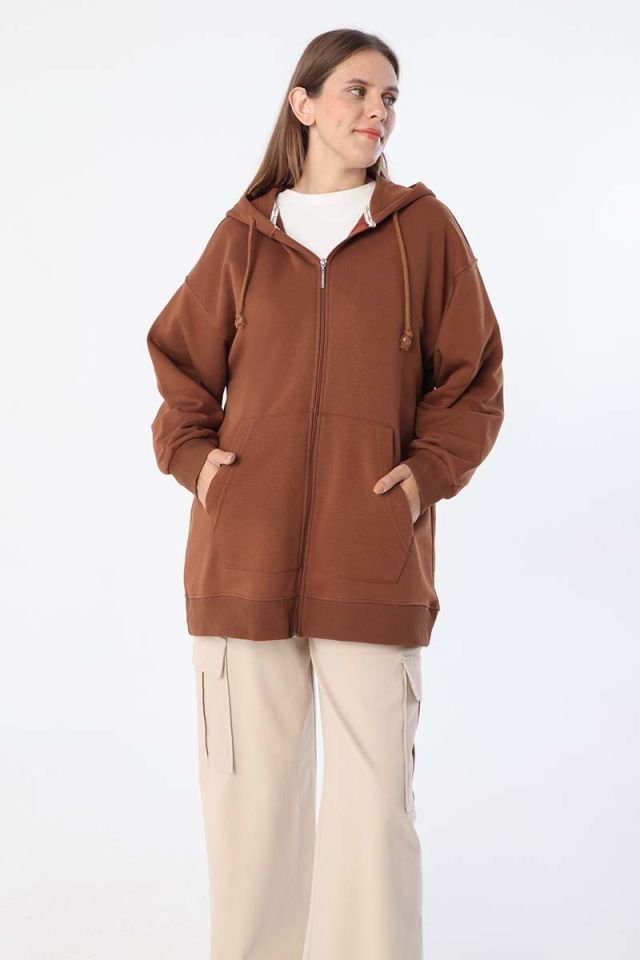 Açık Kahve-Kanguru Cepli Oversize Sweat Hırka
