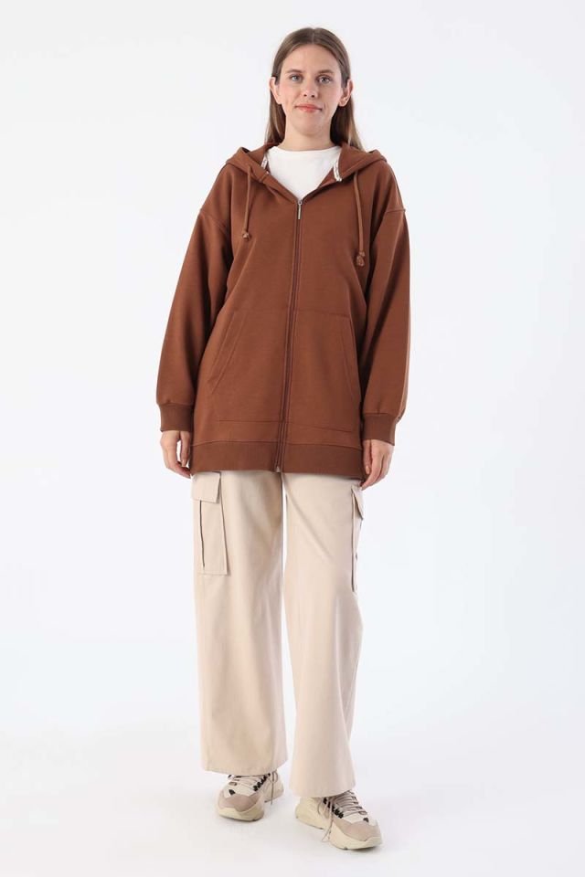 Açık Kahve-Kanguru Cepli Oversize Sweat Hırka
