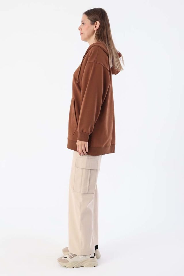 Açık Kahve-Kanguru Cepli Oversize Sweat Hırka