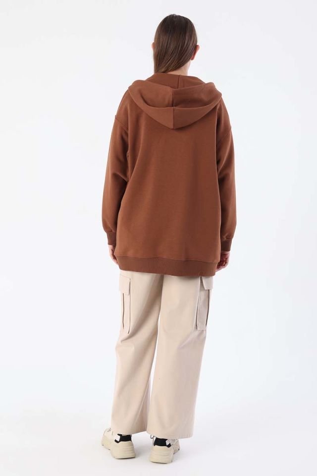 Açık Kahve-Kanguru Cepli Oversize Sweat Hırka