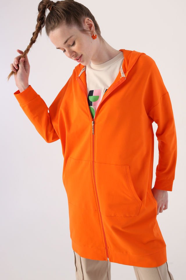 Turuncu-Fermuarlı Sweat Hırka -