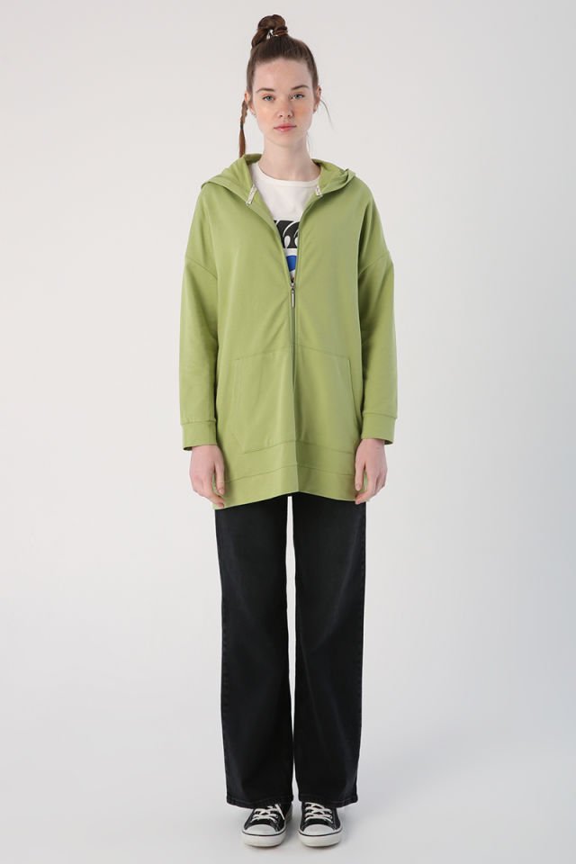 Açık Yeşil-Fermuarlı Sweat Hırka -