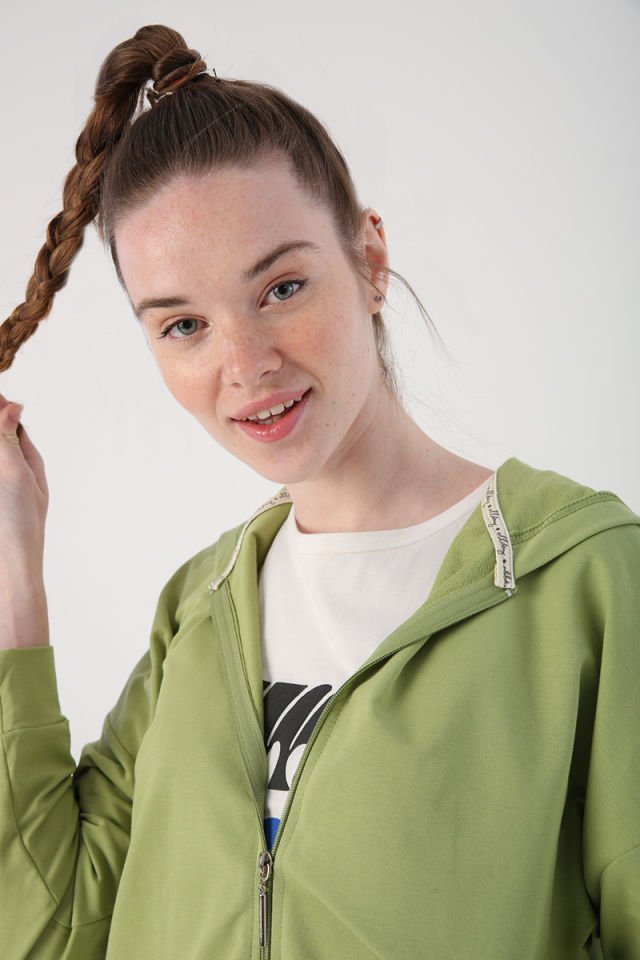 Açık Yeşil-Fermuarlı Sweat Hırka -