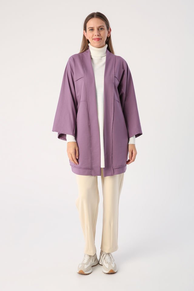 Koyu Lila-Yarasa Kollu Oversize Hırka