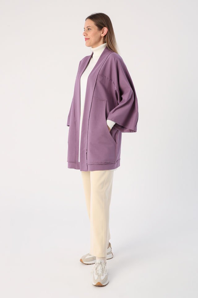 Koyu Lila-Yarasa Kollu Oversize Hırka