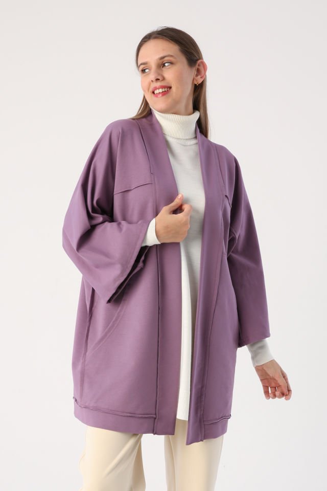 Koyu Lila-Yarasa Kollu Oversize Hırka