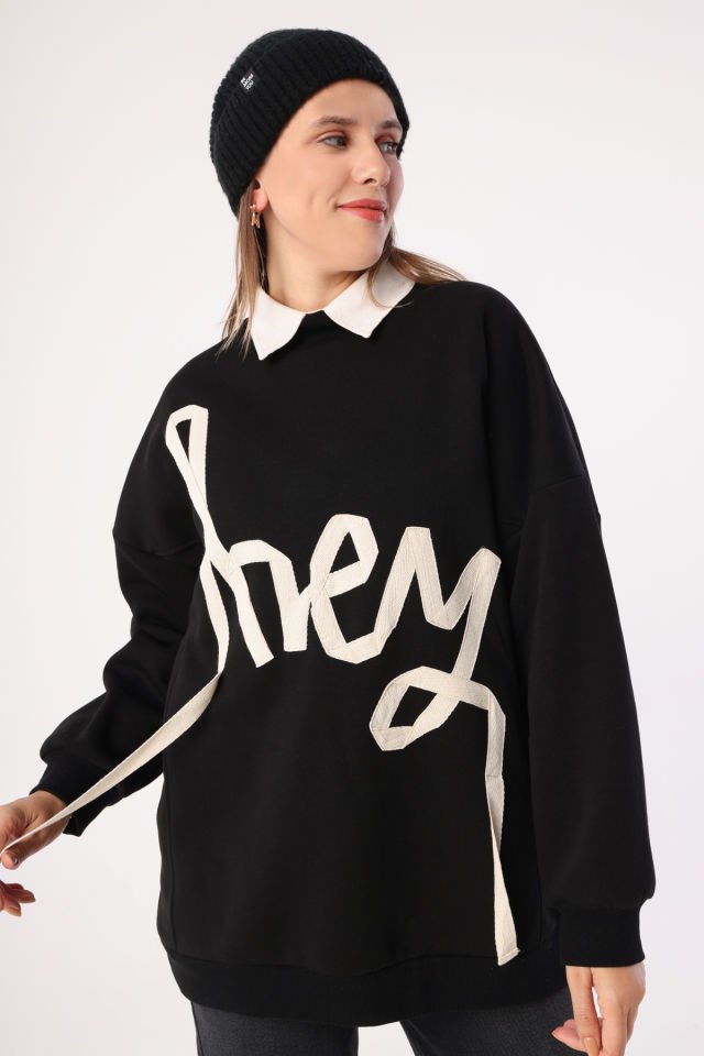 Siyah-Oversize Şardonlu Şerit Detaylı