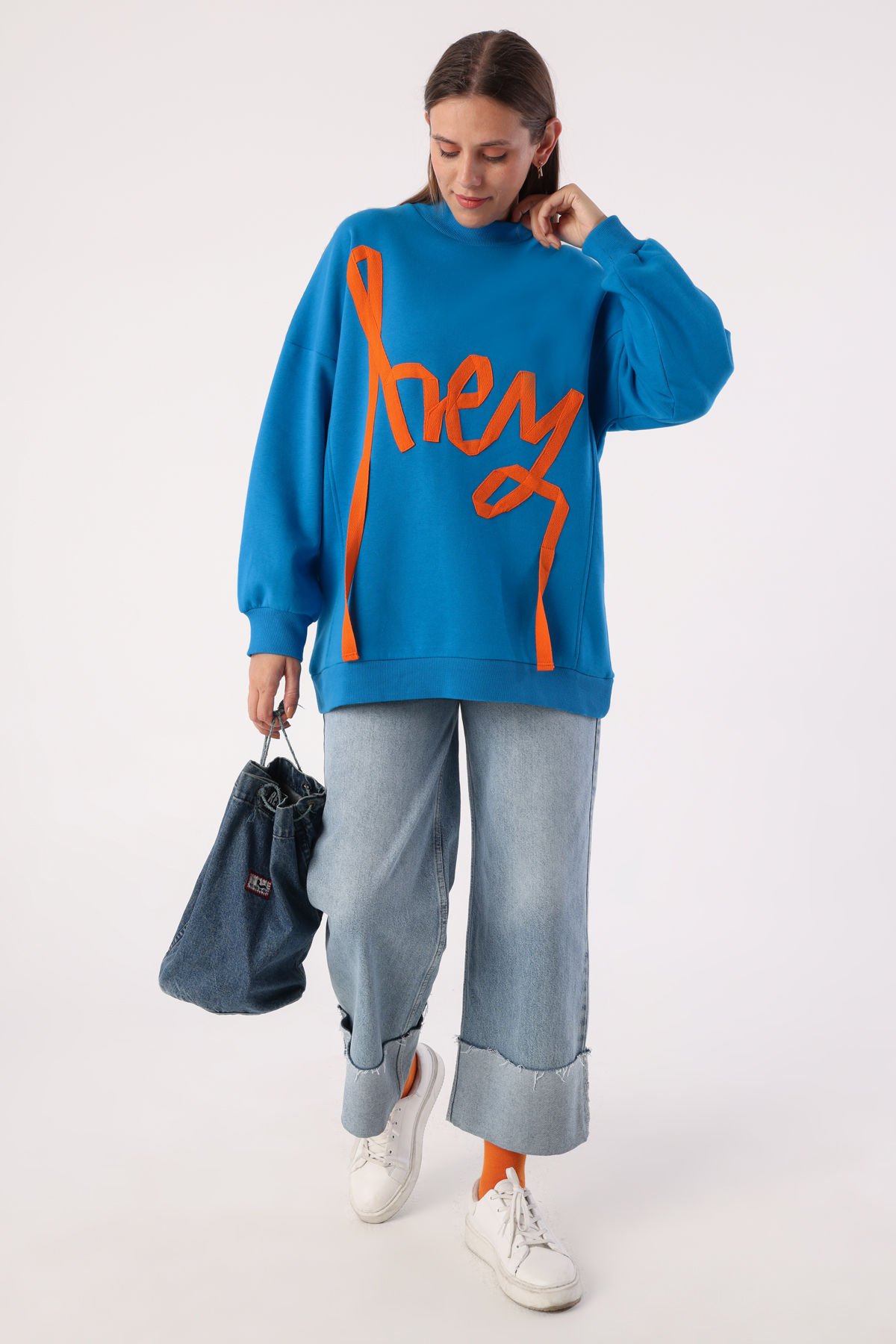 Mavi-Oversize Şardonlu Şerit Detaylı