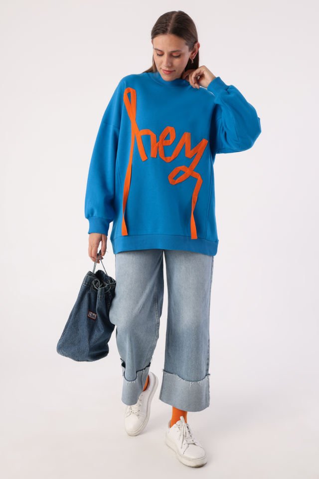 Mavi-Oversize Şardonlu Şerit Detaylı