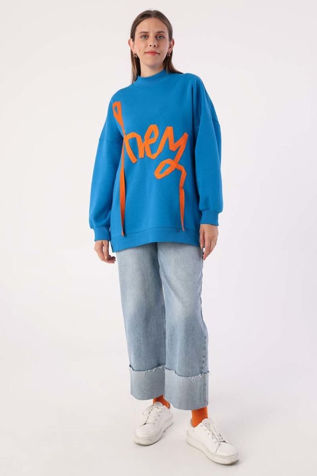 Mavi-Oversize Şardonlu Şerit Detaylı