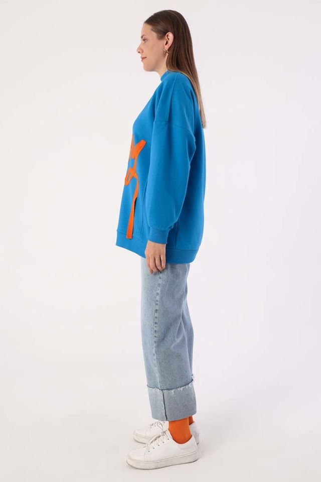 Mavi-Oversize Şardonlu Şerit Detaylı