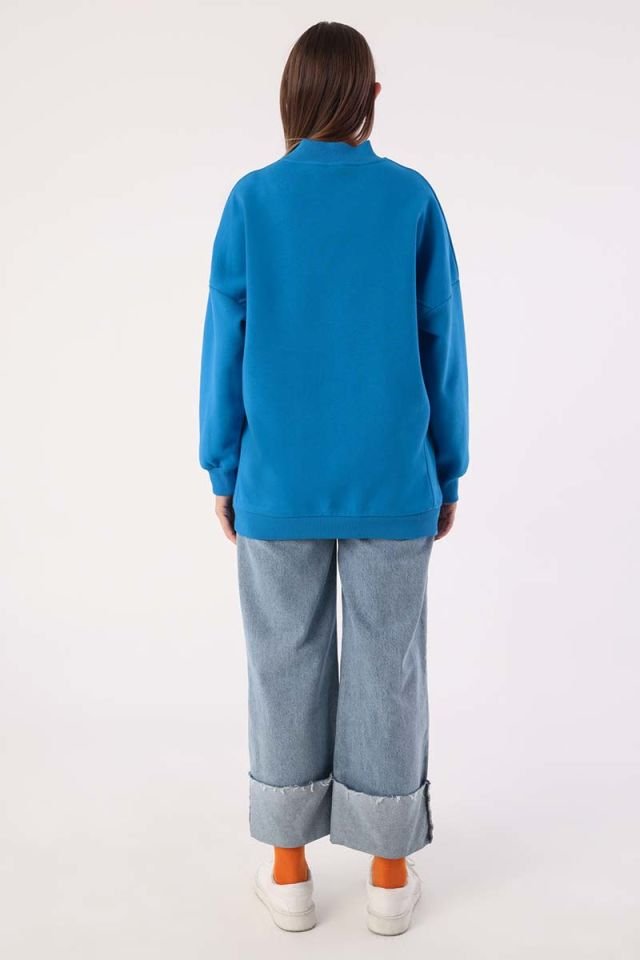 Mavi-Oversize Şardonlu Şerit Detaylı