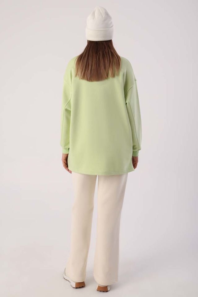 Açık Yeşil-Oversize Nakışlı Sweatshirt