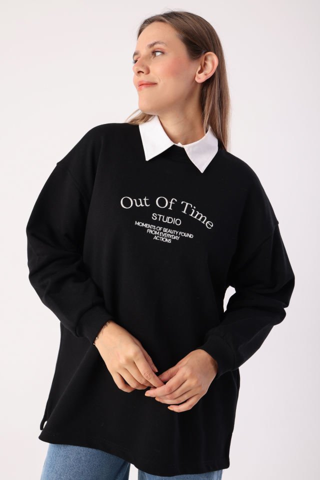 Siyah-Oversize Nakışlı Sweatshirt -
