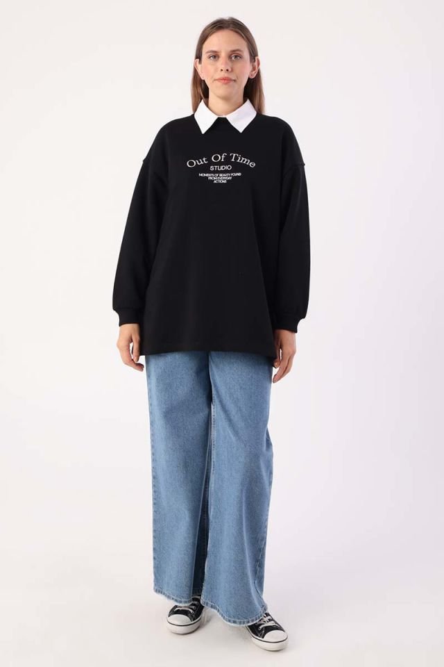 Siyah-Oversize Nakışlı Sweatshirt -