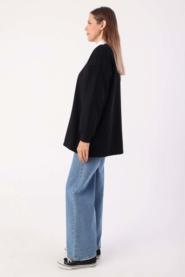 Siyah-Oversize Nakışlı Sweatshirt -