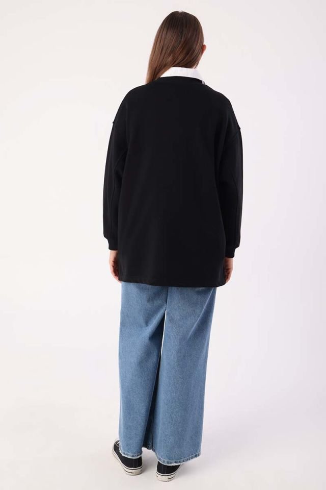Siyah-Oversize Nakışlı Sweatshirt -