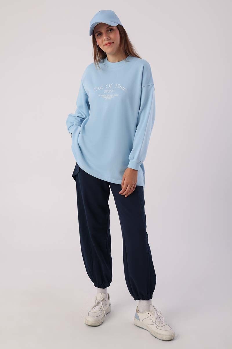 Açık Mavi-Oversize Nakışlı Sweatshirt
