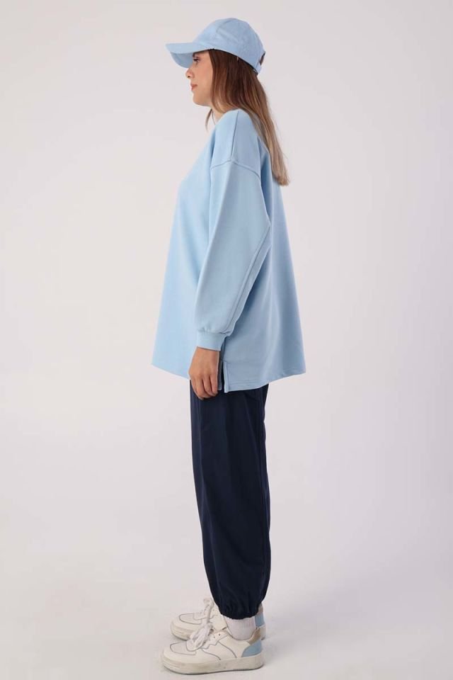 Açık Mavi-Oversize Nakışlı Sweatshirt