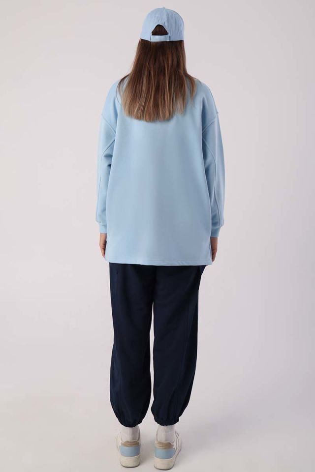 Açık Mavi-Oversize Nakışlı Sweatshirt