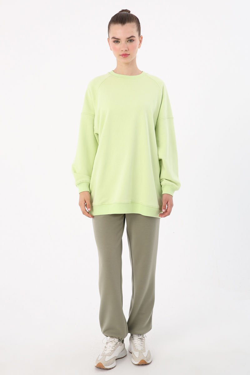 Açık Yeşil-3 İplik Oversize Basic Sweatshirt