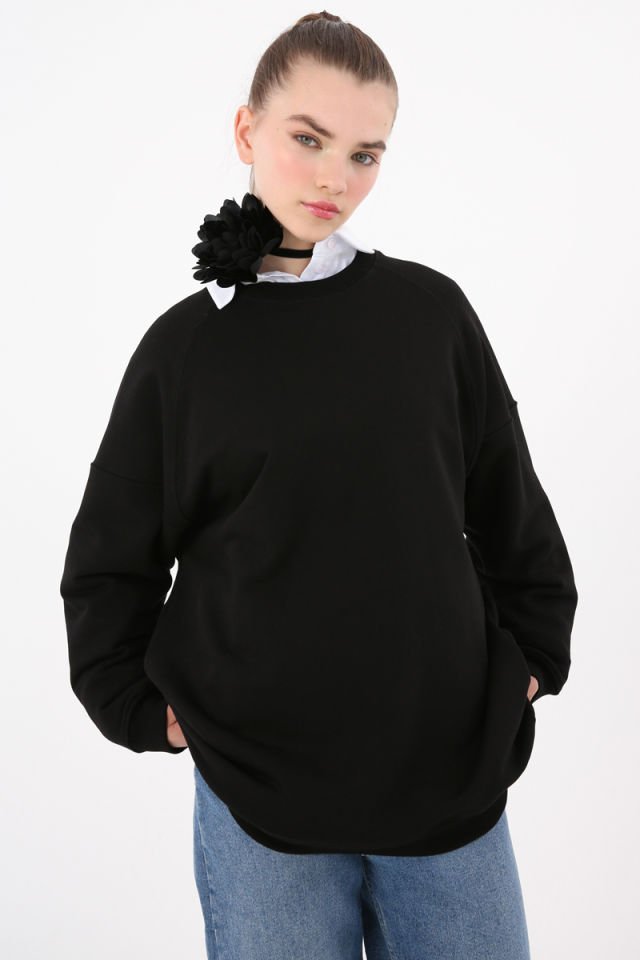 Siyah-3 İplik Oversize Basic Sweatshirt -