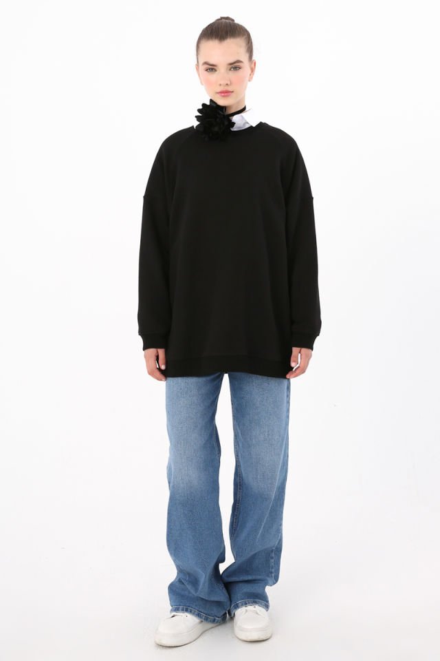 Siyah-3 İplik Oversize Basic Sweatshirt -