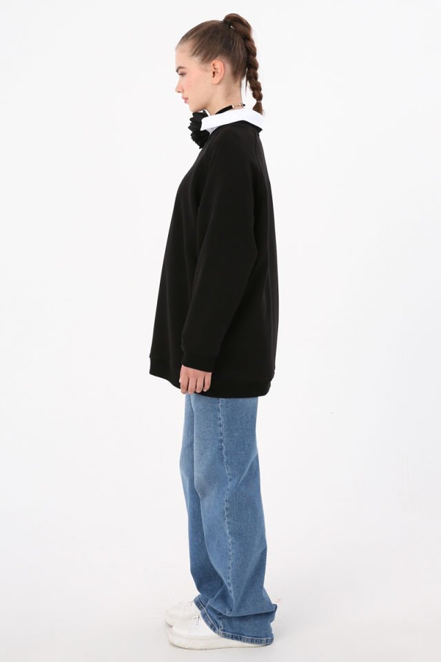 Siyah-3 İplik Oversize Basic Sweatshirt -