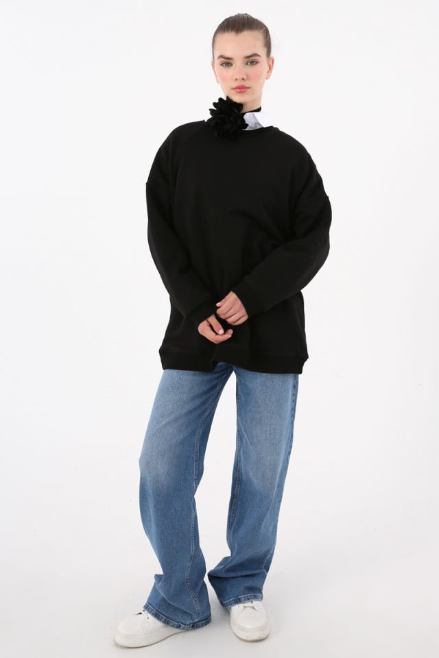 Siyah-3 İplik Oversize Basic Sweatshirt -