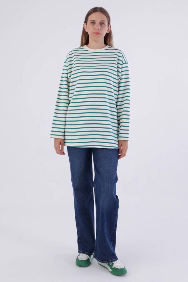 Ekru-Petrol-Çizgili Oversize Sweatshirt