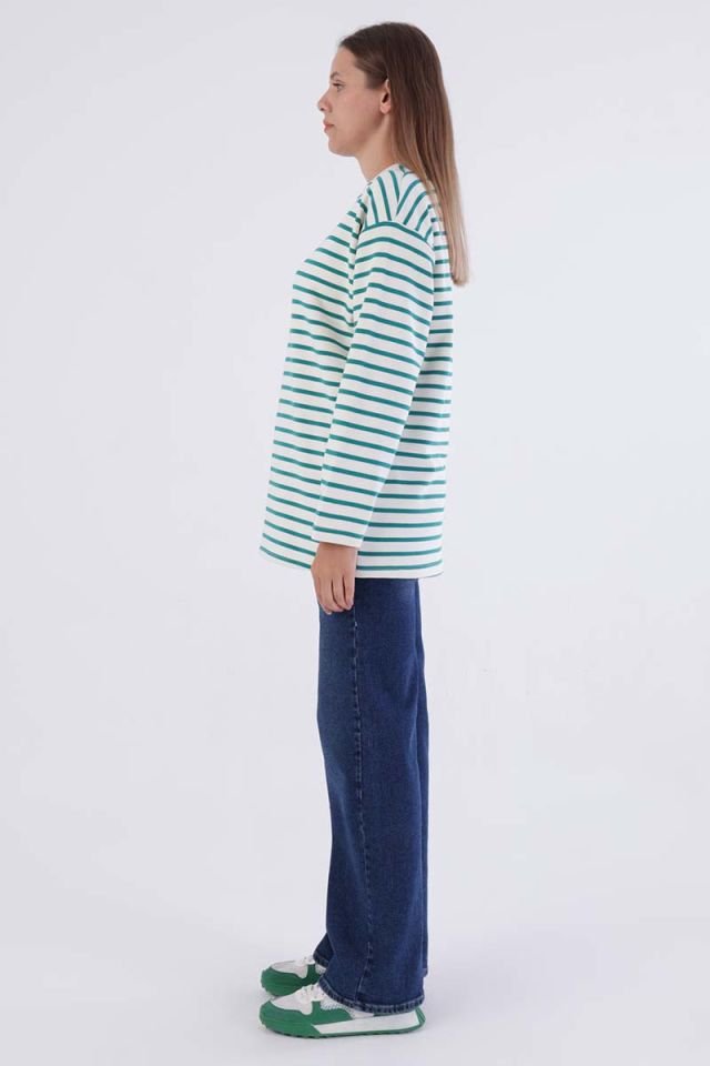 Ekru-Petrol-Çizgili Oversize Sweatshirt