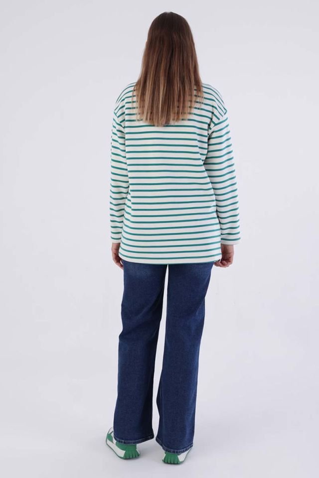 Ekru-Petrol-Çizgili Oversize Sweatshirt