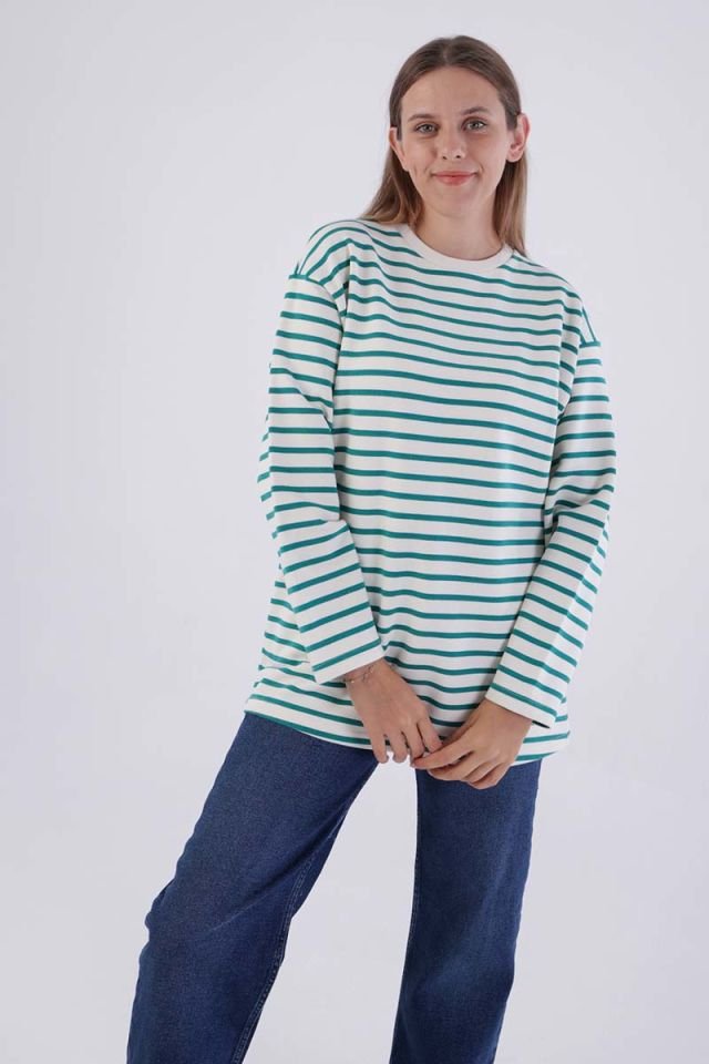 Ekru-Petrol-Çizgili Oversize Sweatshirt