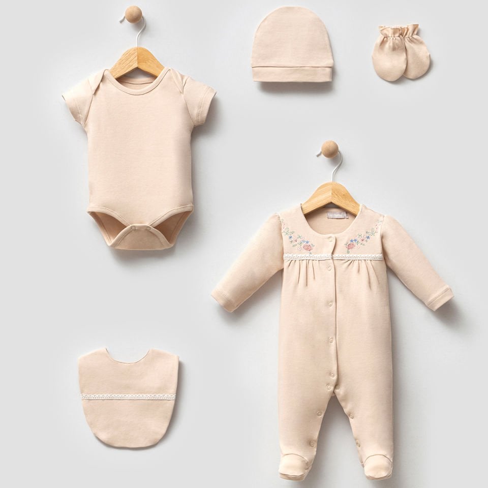 BİP BABY KIZ 0-3 AY ÇİÇEK NAKIŞLI 5Lİ SET