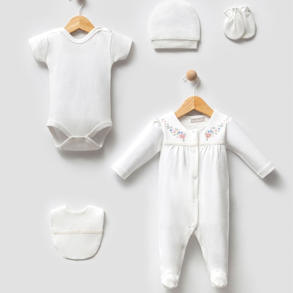 BİP BABY KIZ 0-3 AY ÇİÇEK NAKIŞLI 5Lİ SET