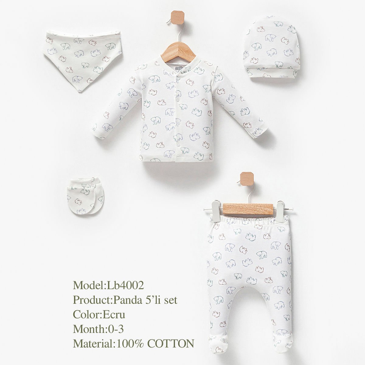 ESYA BABY UNISEX 0-3 AY RENKLİ PANDALI 5Lİ SET