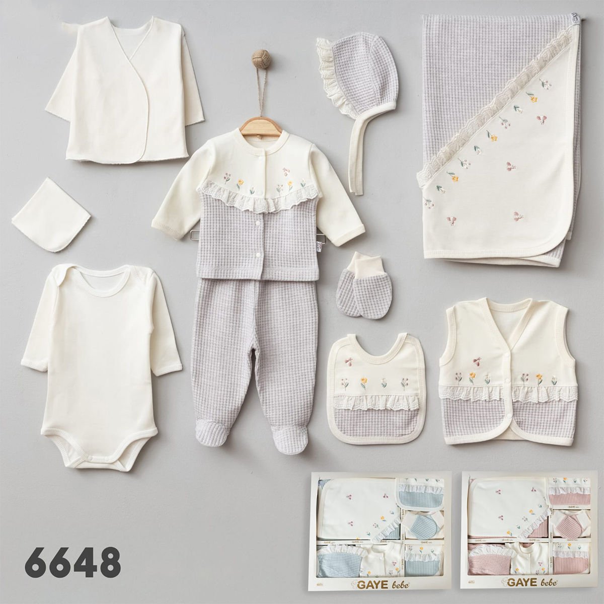 GAYE BEBE KIZ 0-3 AY ÇİÇEK NAKIŞLI WAFFLE 10LU SET