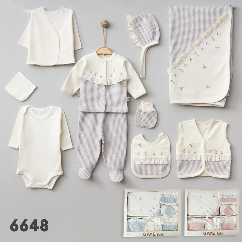 GAYE BEBE KIZ 0-3 AY ÇİÇEK NAKIŞLI WAFFLE 10LU SET
