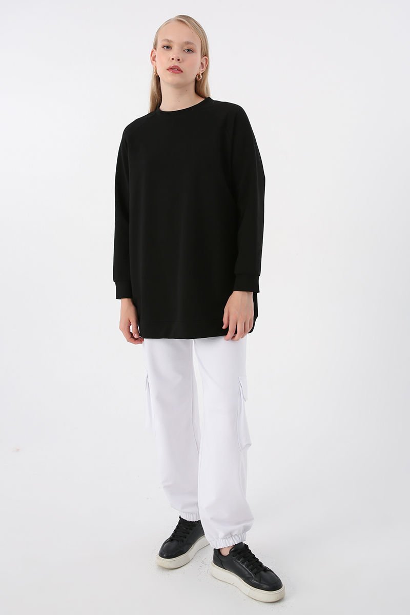 Siyah-Bisiklet Yaka Reglan Kol Sweatshirt