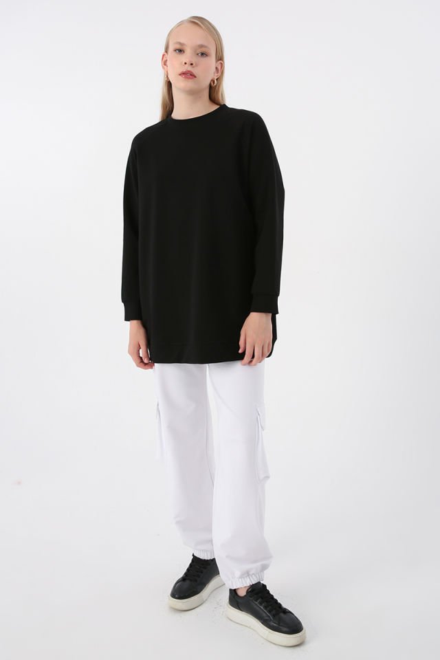 Siyah-Bisiklet Yaka Reglan Kol Sweatshirt