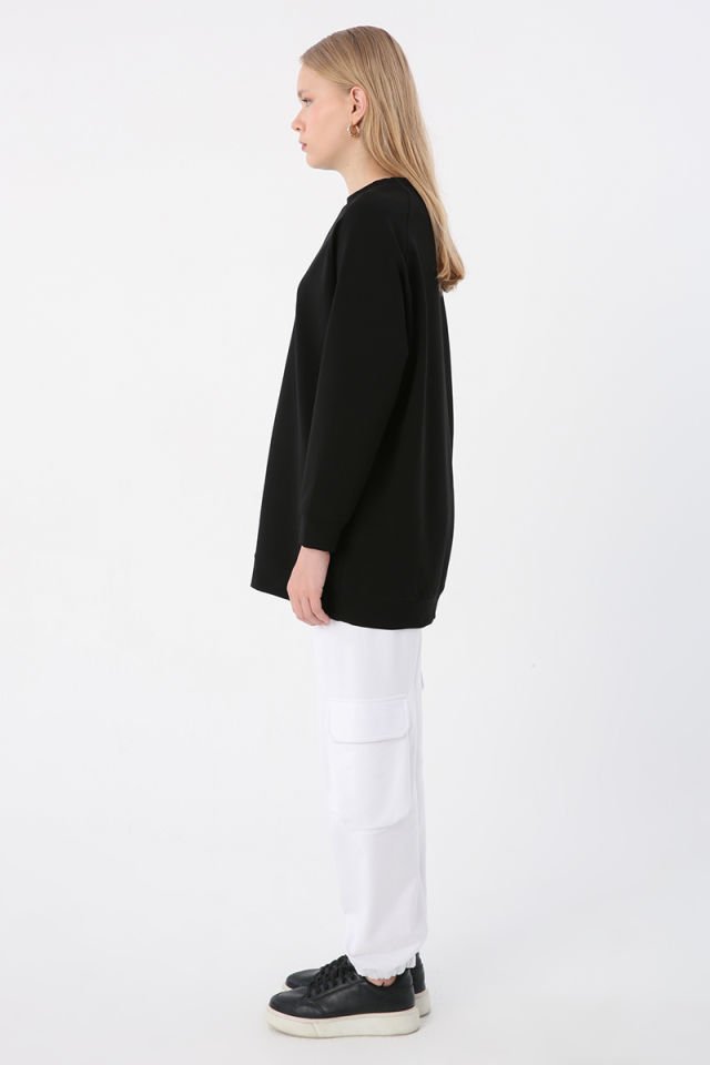 Siyah-Bisiklet Yaka Reglan Kol Sweatshirt