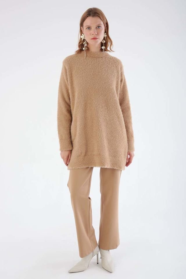 oyu Bej-Bisiklet Yaka Triko Tunik -