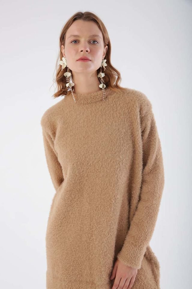 oyu Bej-Bisiklet Yaka Triko Tunik -